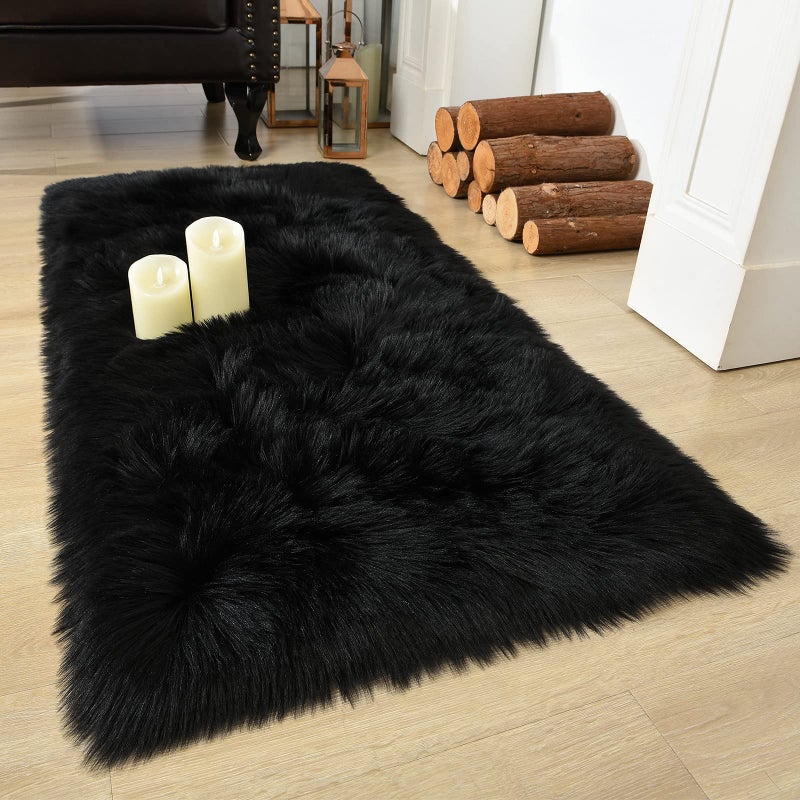 LOCHAS Soft Fluffy Faux Fur Rugs for Bedroom Bedside Rug 2x4 Feet, Washable, Furry Sheepskin Area Rug for Living Room Girls Room, Luxury Shag Carpet Home Decor, Black - Image 1